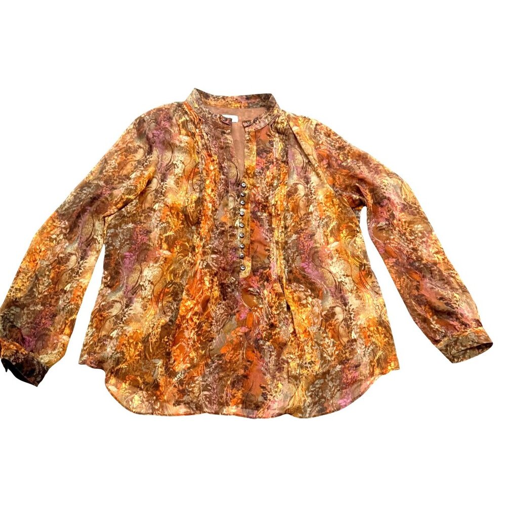 Coldwater Creek Women's Blouse XL Floral Chiffon Semi Sheer Pintuck Career Top